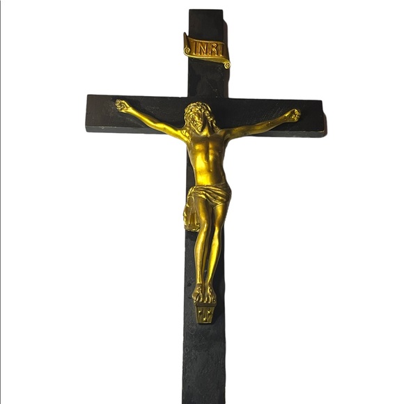 Antique Black Oak wood Victorian Heavy Brass Crucifix Religious Jesus Wall hang - Picture 2 of 16